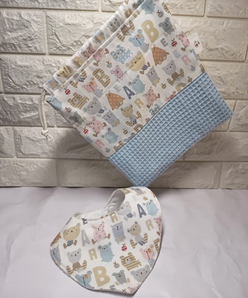Conjunto Bolsa de Merienda y Babero Azul